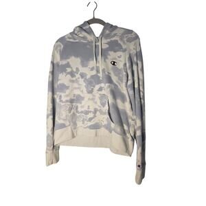 Champion Womens Large Cropped Hoodie blue white cloud tie-dye Sweater Cozy Warm